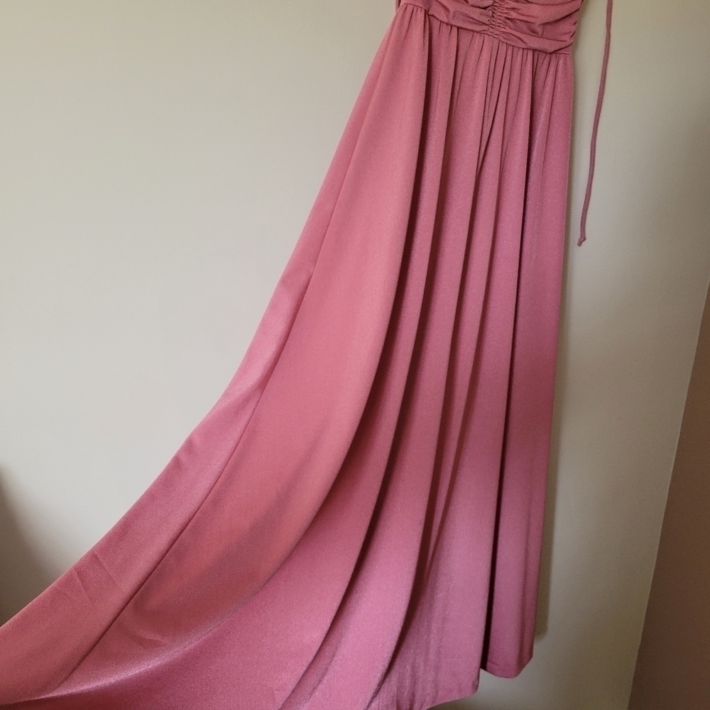 Vintage 70s Rose Pink Shimmery Maxi Formal Disco Gown - Picture 5 of 7